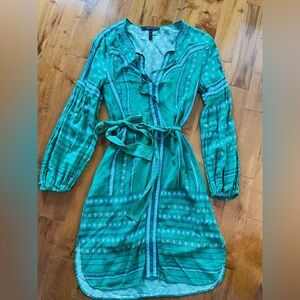 RW&CO. Teal-Green Printed Tie-Waist Long Sleeve Dress